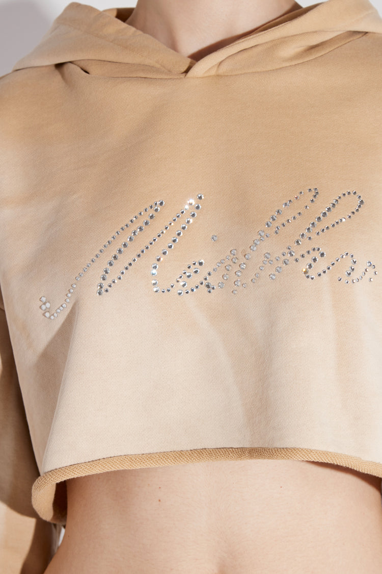 Beige Crystal Washed Cropped Hoodie