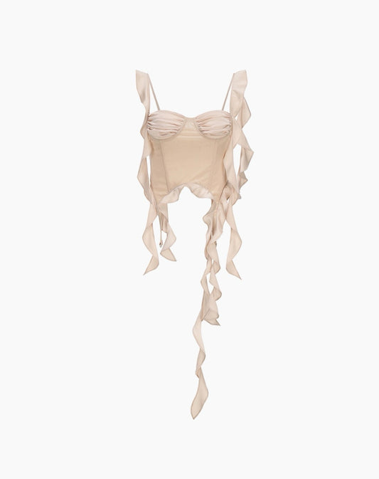 Sand Color Fringe Strapless Bustier