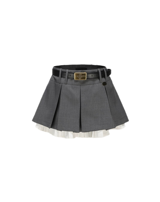 Gray Wool Pleated Layered Mini Skirt