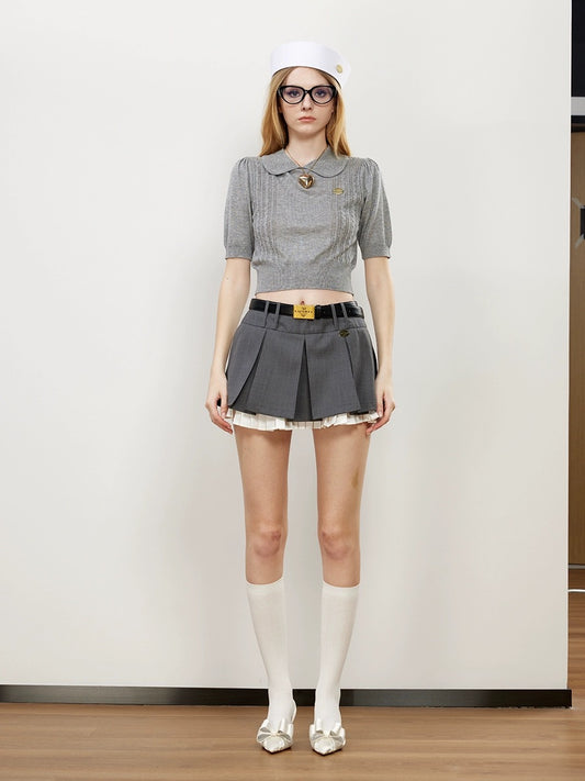 Gray Wool Pleated Layered Mini Skirt