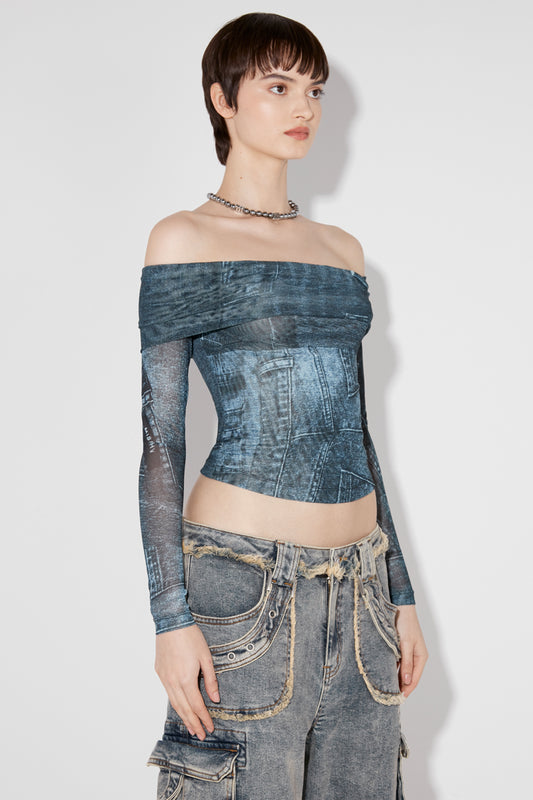 MISBHV X Esther Yu Denim Or Not Mesh Off-Shoulder